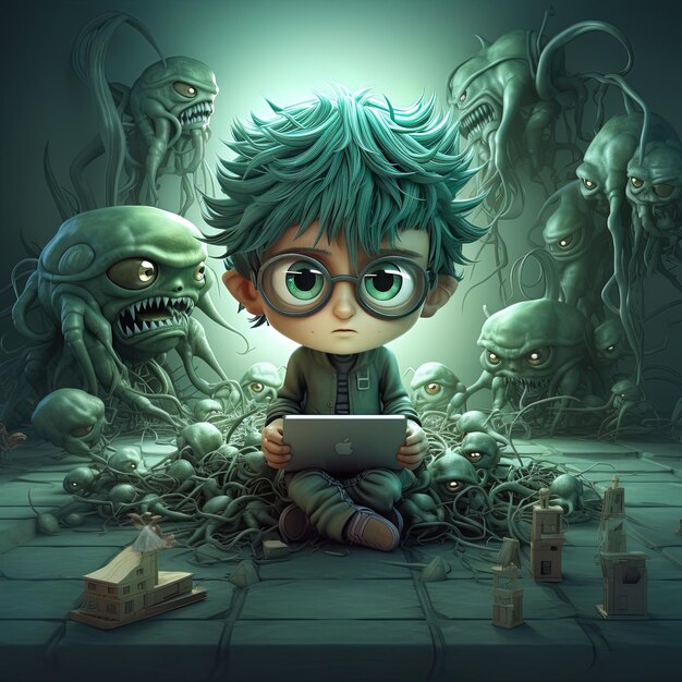 a boy is sitting in front of a creepy creature with glasses on