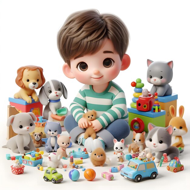 a boy is sitting in front of a pile of toys and toys