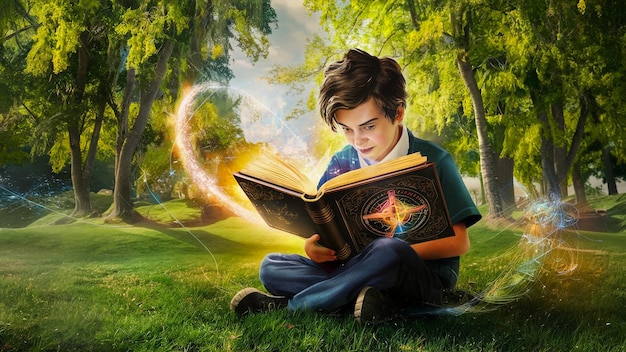 a boy is sitting in the grass reading a book