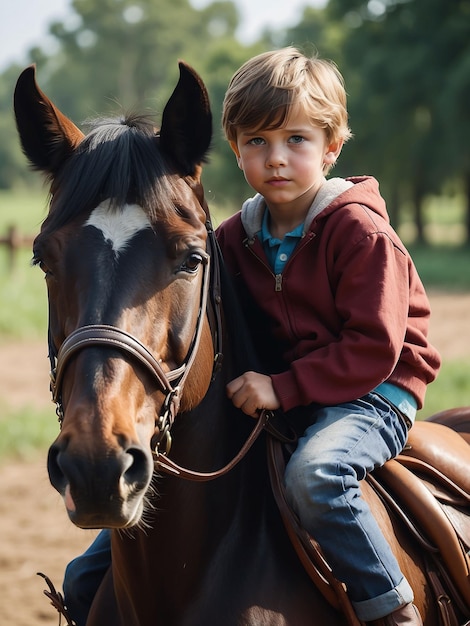 Foto un ragazzo è seduto su un cavallo