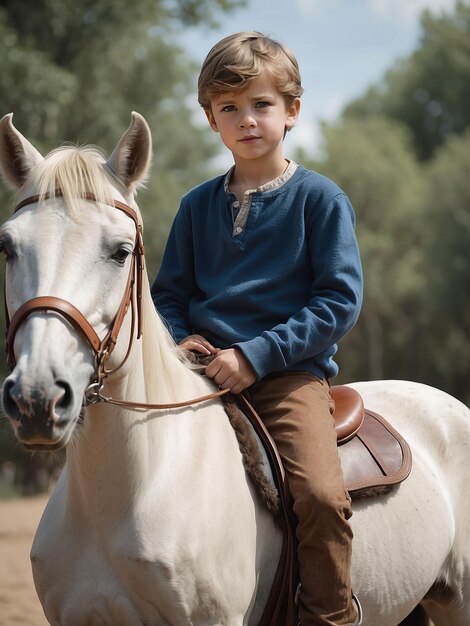 Foto un ragazzo è seduto su un cavallo