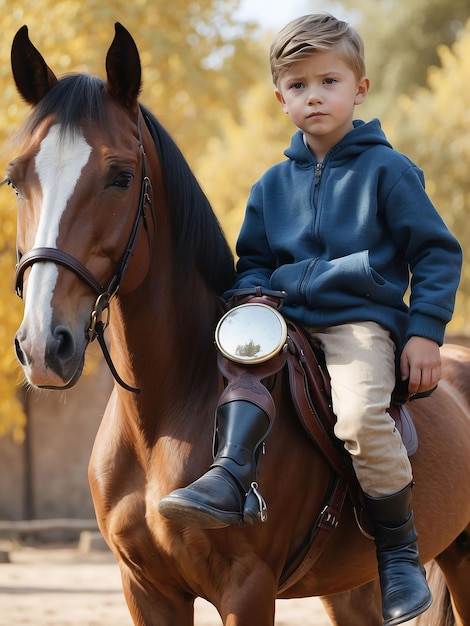 Foto un ragazzo è seduto su un cavallo