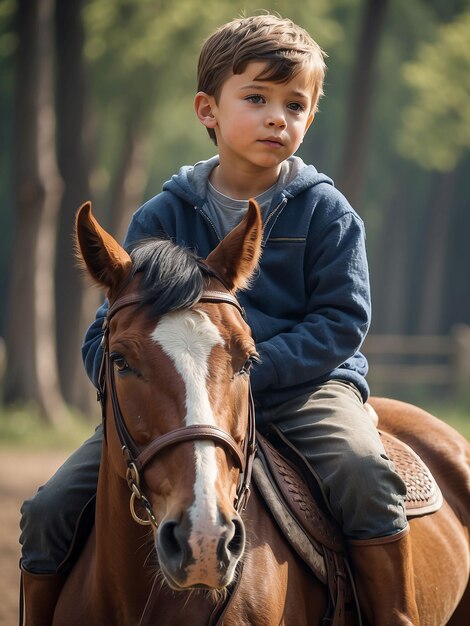 Foto un ragazzo è seduto su un cavallo