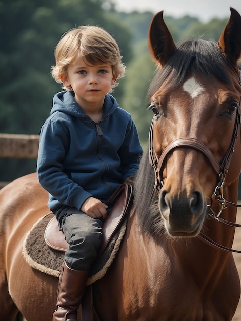 Foto un ragazzo è seduto su un cavallo