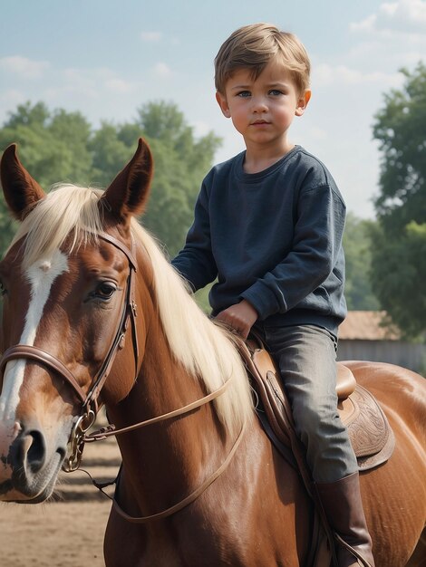 Foto un ragazzo è seduto su un cavallo