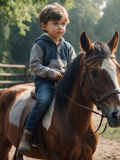 Foto un ragazzo è seduto su un cavallo