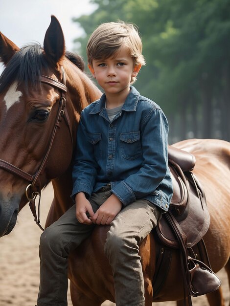 Foto un ragazzo è seduto su un cavallo