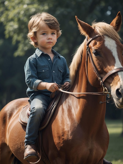 Foto un ragazzo è seduto su un cavallo