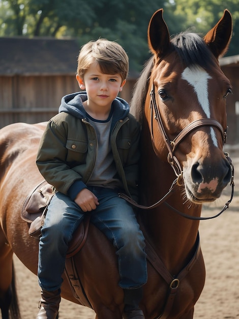 Foto un ragazzo è seduto su un cavallo