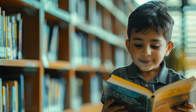 A boy is sitting in a library reading a book