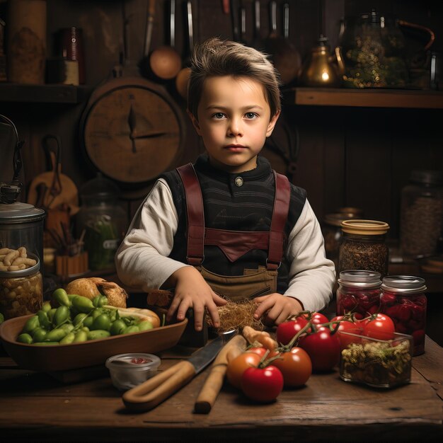 한 소년이 야채 한 그릇과 칼을 들고 테이블에 앉아 있다