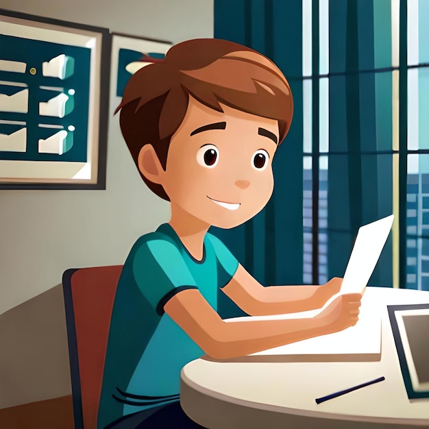 한 소년이 노트북과 벽에 붙여진 소년의 사진을 들고 테이블에 앉아 있다.