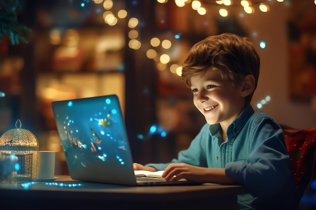 A boy is sitting at a table with a laptop with a blue screen that says'the word'on it '