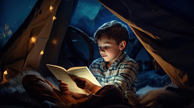 Photo a boy is sitting in a tepee tent at night with a light books