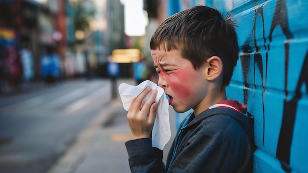 Photo a boy is sneezing into tissue and feeling sick on blue wall