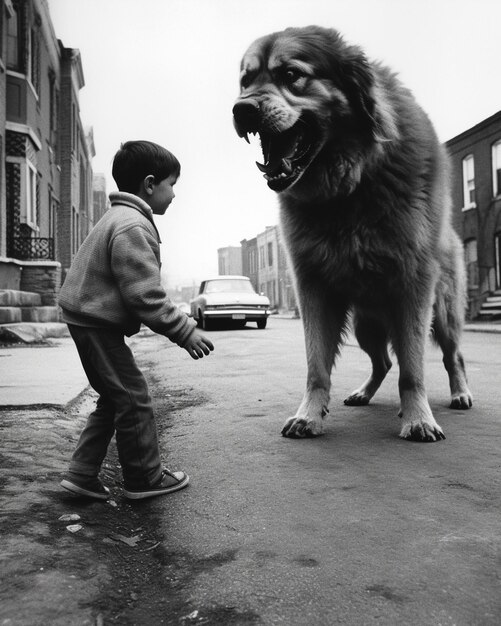 a boy is standing next to a big dog.