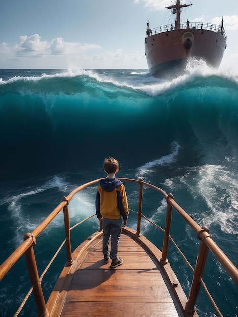 Foto un ragazzo è in piedi sul bordo di una nave in mezzo all'oceano