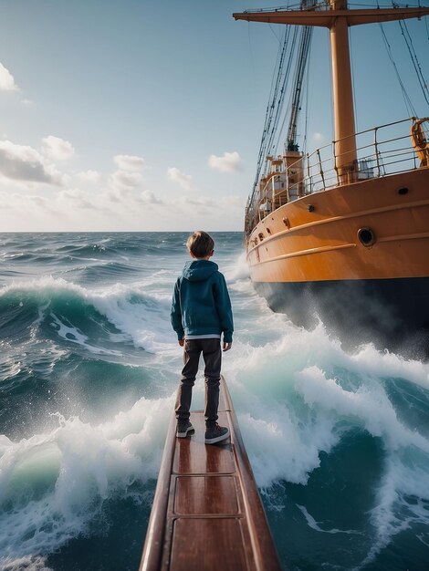 Foto un ragazzo è in piedi sul bordo di una nave in mezzo all'oceano