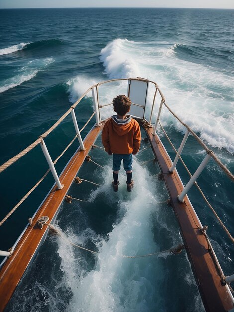 A boy is standing on the edge of a ship in the middle of the ocean