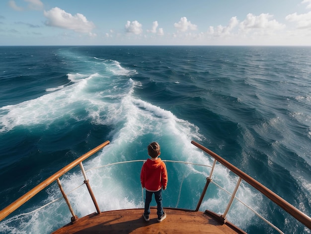 Foto un ragazzo è in piedi sul bordo di una nave in mezzo all'oceano