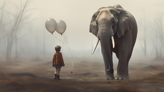 A boy is standing next to a elephant and the elephant is looking at it.