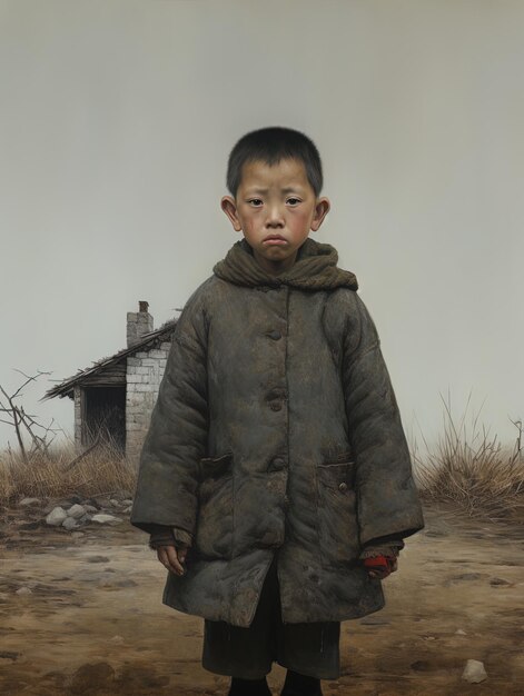 Photo a boy is standing in front of a house with a hat on