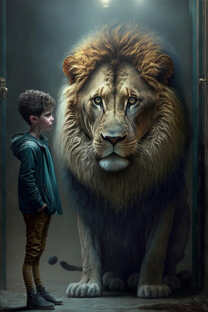 a boy is standing next to a lion that has a lion on it