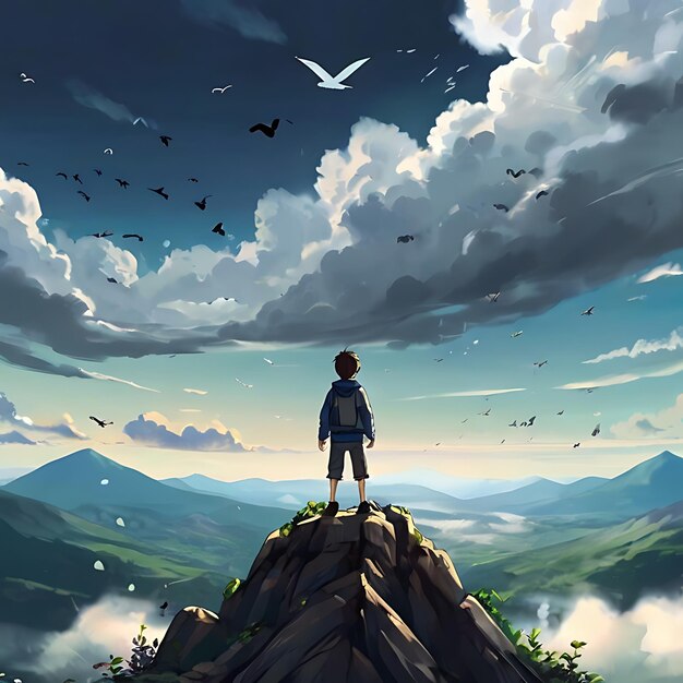 A boy is standing on the top of a mountain and spreading his genarated by AI