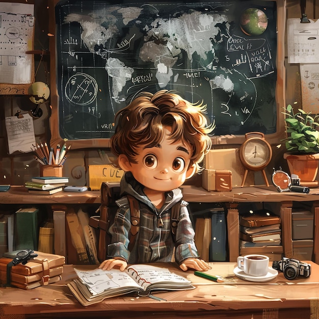 A boy is studying in the classroom with a blackboard as the background threedimensional and clear