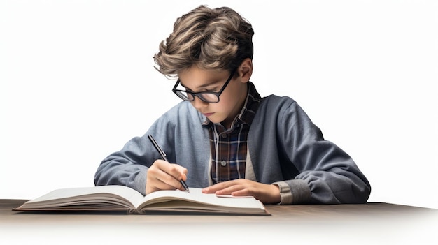 A boy is writing in a book on a study table with a plain white background