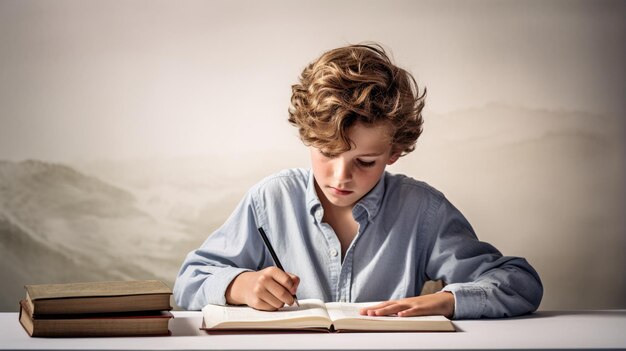 A boy is writing in a book on a study table with a plain white background