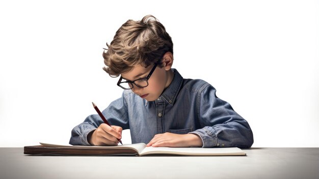 Photo a boy is writing in a book on a study table with a plain white background