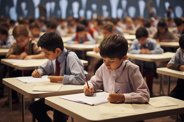 A boy is writing in a classroom with other boys.