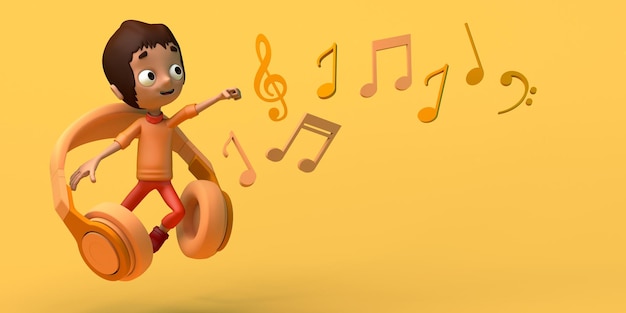 Photo boy jumping next to headphones and musical notes music concept copy space 3d illustration cartoon