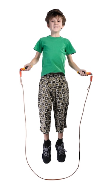 The boy jumping rope isolated