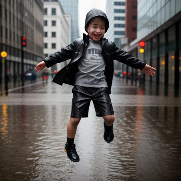 Photo a boy jumping in the water with a hoodie on