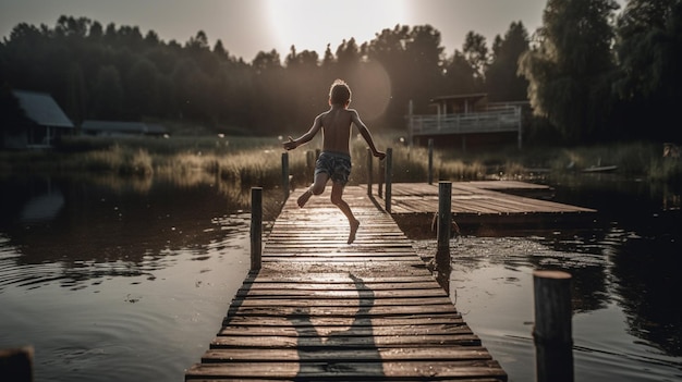 A boy jumps off a dock into the water.