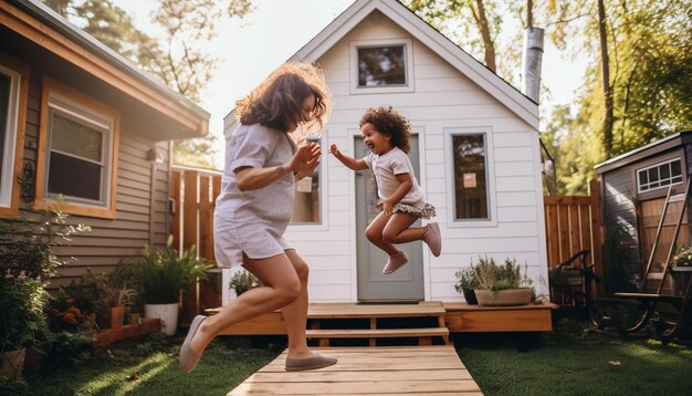 a boy jumps over a wooden bridge and jumps over a wooden platform