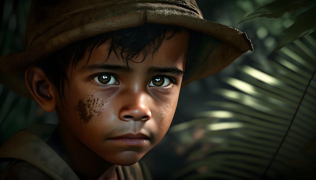 A boy in a jungle with a hat