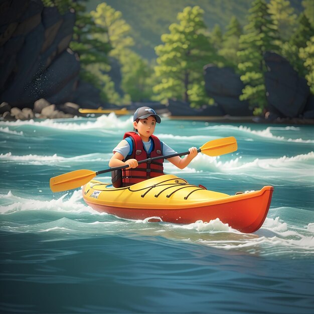 a boy in a kayak with the word  on the front