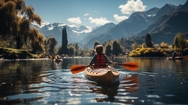 Boy kayaking in lake