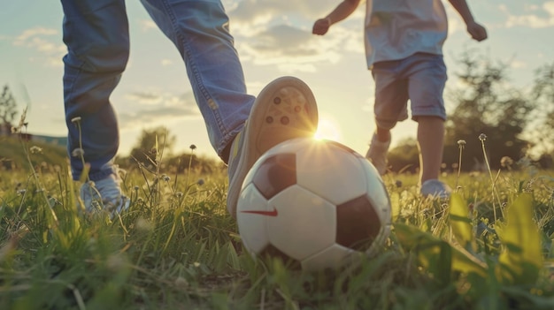 Foto un ragazzo calcia una palla da calcio durante una partita con la sua famiglia