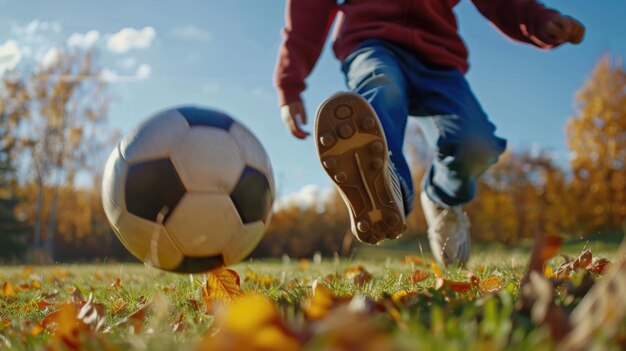 A boy kicks a football during a game with his family