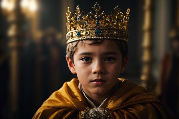 A boy king in a golden crown and a yellow robe a young prince a monarch