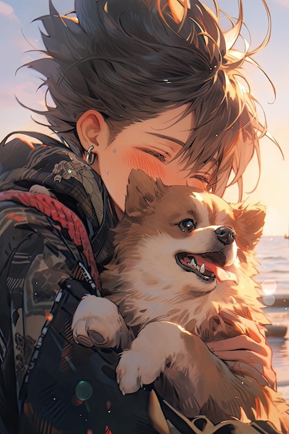 A boy kisses and hugs a dog on the seashore anime illustration