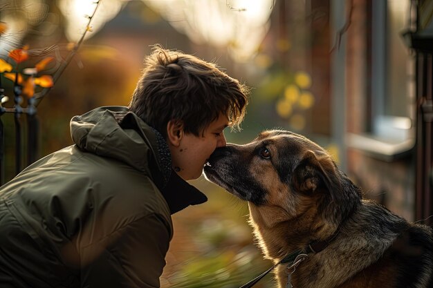 犬の鼻にキスする少年