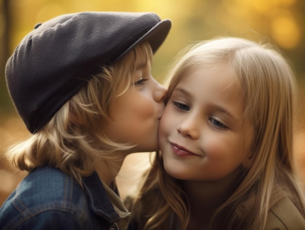 Boy kissing girl on cheek