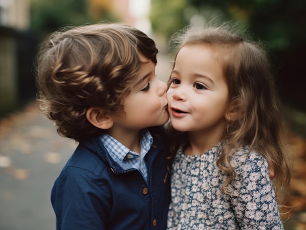 Мальчик целует девушку в щеку