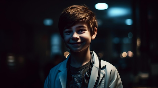 A boy in a lab coat smiles at the camera.