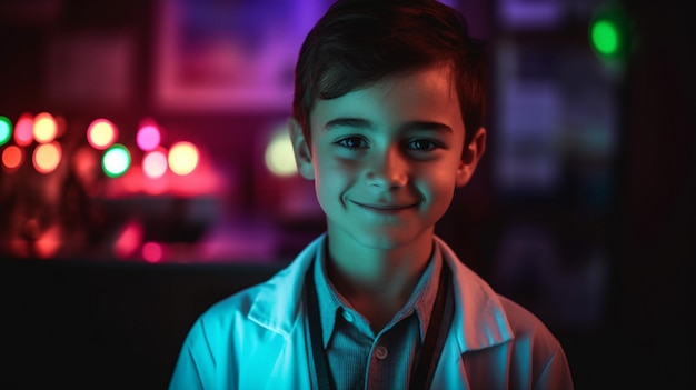 A boy in a lab coat smiles at the camera.